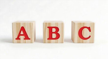 Three wooden cubes with red letters A, B, and C displayed in a row against a white background, symbolizing education and learning