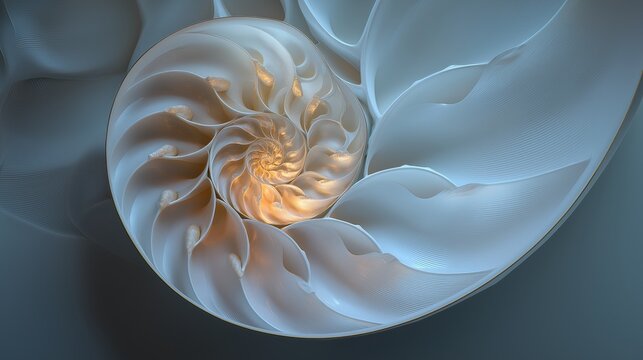 黄金比の螺旋構造を示す、内部から暖かい光が漏れるオウムガイの殻の断面のクローズアップ。 | Close-up section of a nautilus shell illustrating the golden ratio spiral with warm light emanating from the center.