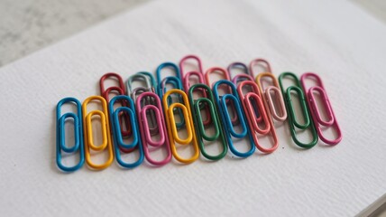 Colorful paper clips neatly arranged on a white textured office surface