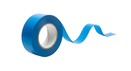 Vibrant blue adhesive tape roll with a long wavy unspooled strip revealing cardboard core