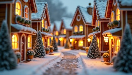 Gingerbread village street miniature with warm glowing windows and soft snow detail, creating a charming festive storytelling atmosphere