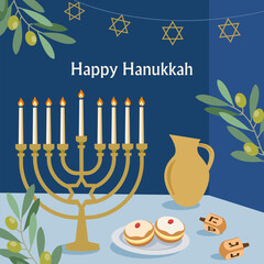 Design for the Jewish holiday of Hanukkah, Hanukkah symbols menorah, spinning top, donuts. Perfect for greeting cards, banners, posters, etc. Vector illustration	