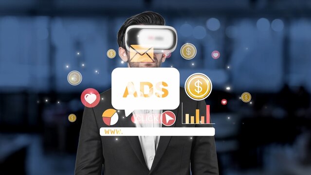 A businessman wearing a virtual reality headset is immersed in a digital world filled with marketing icons and analytics, illustrating modern technology and innovation in business. Raster
