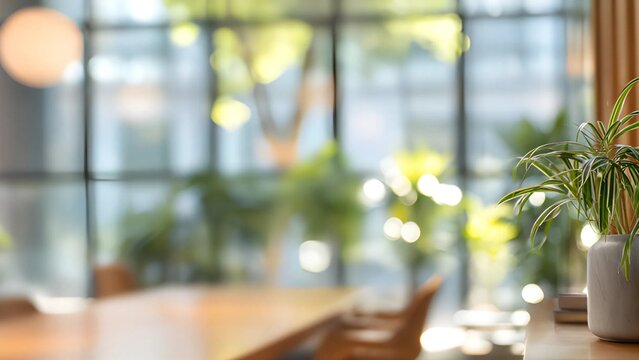 Blurred modern office interior background. Blur simple background office with ambient lighting. 