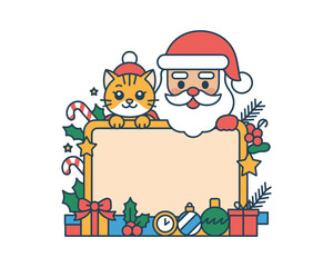 Naklejka premium Cute Christmas Frame with Santa and Cat Surrounded by Festive Gifts, Holly and Holiday Decorations