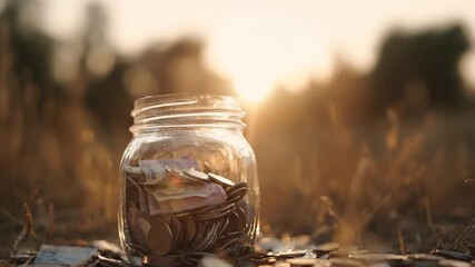 A hand reaches into a glass jar filled with coins and banknotes, capturing a moment of saving during sunset. The jar glows softly, symbolizing the importance of savings and financi