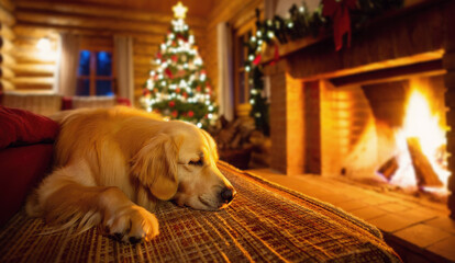 Warm Christmas holiday scene inside a rustic log cabin with a Golden Retriever pup peacefully sleeping on a throw, basking in the glow of a crackling fireplace and a beautifully decorated pine tree