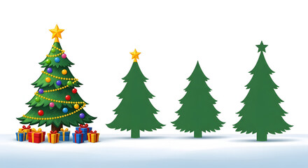 Fototapeta premium Illustration of a Christmas tree decoration set, showing a fully adorned tree with presents and plain evergreen silhouettes