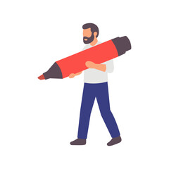 Bearded man carrying giant red marker. Flat vector illustration of male character holding oversized felt-tip pen for office, school and design concepts