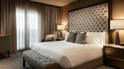 Fototapeta premium Large bed with a white comforter and pillows, and a brown headboard