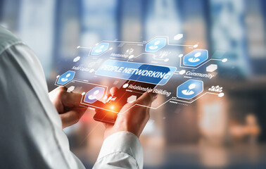 A person holds a smartphone displaying a dynamic digital network concept focusing on people networking, relationship building, and community connections in a contemporary environment. Tessel