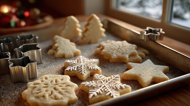 Freshly cut christmas cookie shapes in sugar dough