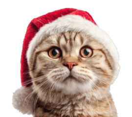 PNG Happy Scottish fold cat wearing a red Santa hat christmas santa theme.