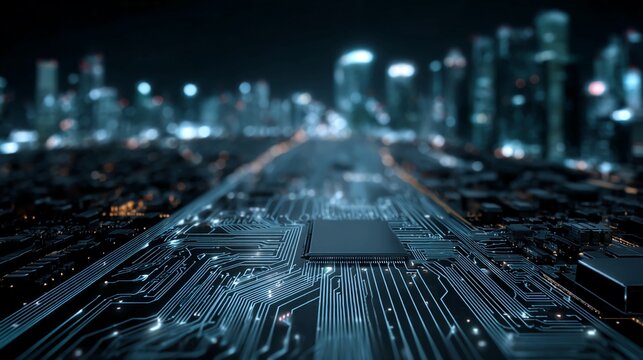 A futuristic circuit board highway leading towards a glowing, blurred smart city skyline at night.