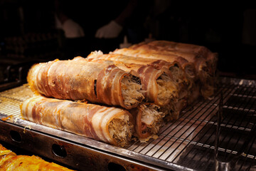 Bacon-Wrapped Korean Street Food Rolls at Dongmun Market, Jeju