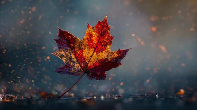 Vibrant autumn maple leaf in misty rainy atmosphere