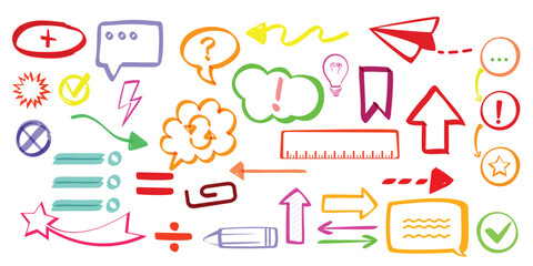 Colorful hand-drawn doodle elements including arrows, speech bubbles, check marks, question marks, highlights, icons, bullets, and sketch symbols. Perfect for presentations, notes etc.