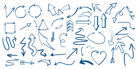 Collection of hand-drawn arrows and direction markers in doodle sketch style. Includes curved arrows, circular arrows, zigzag arrows, pointers, navigation signs, and decorative line elements.