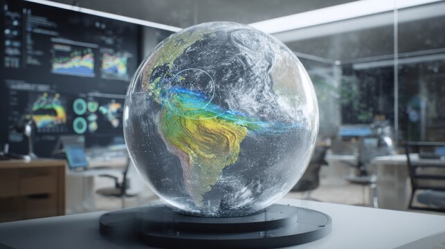 AI platform projecting holographic 3D globe with weather systems, tectonic plates gently rotating, colorful scientific overlays, modern analysis