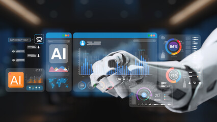 A futuristic robot hand interacts with digital interface panels, showcasing AI elements and data visualizations in a modern technological environment, symbolizing innovation. Synapse