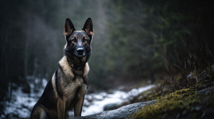German shepherd dog sitting on a rock in a forest with a river in the background. Loyal companion in a natural outdoor wilderness park environment.