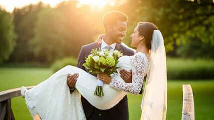 Happy groom carrying his beautiful bride in his arms on their wedding day, backlit by a romantic golden sunset in a lush green park - Powered by Adobe