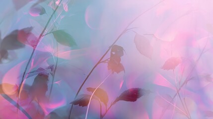 Aurora inspired color swirls blending with botanical silhouettes, soft fog effect, dreamy atmosphere, gentle glow, rare color combination, artistic