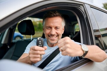 Man smiling holding car keys new car purchase car ownership happy driver