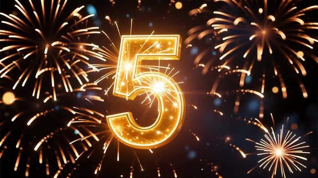 Glowing Golden Number 5 Appearing in Fireworks Nebula &ndash; Abstract New Year Countdown Loop