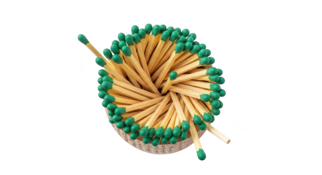 Arrangement of matches with green heads in a spiral pattern