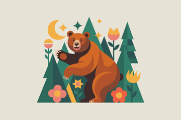 Whimsical Bear Surrounded by Vibrant Flora in a Playful, Colorful Landscape