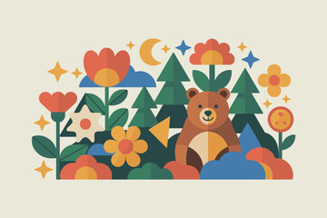 Whimsical Bear Surrounded by Vibrant Flora in a Playful, Colorful Landscape