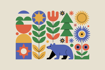 Whimsical Bear Surrounded by Vibrant Flora in a Playful, Colorful Landscape