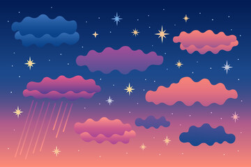 Dreamy gradient sky with stylized colorful clouds and glowing stars in soft pastel tones. Minimalist fantasy background for children’s design, illustration, print, or digital wallpaper. Vector EPS