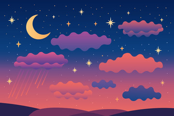 Magical twilight landscape with gradient sky, moon, stars, and stylized clouds in soft pink, purple, and orange tones. Fairytale night illustration for poster, print, or background design. Vector