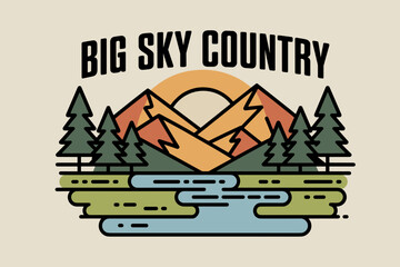 Stylized Big Sky Country Graphic with Mountains and River in Earthy Tones