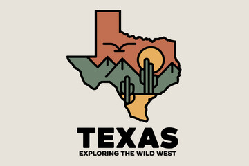 Stylized Texas Landscape Featuring Mountains, Cacti, and a Vibrant Sunset in Cool Tones