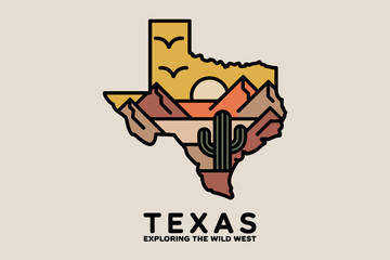 Stylized Texas Landscape Featuring Mountains, Cacti, and a Vibrant Sunset in Cool Tones