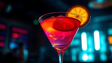 A vibrant cocktail glass with colorful liquid, dramatic backlighting creating a lively nightlife feel.