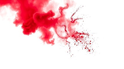 A vibrant cloud of red powder in motion against a white background with dramatic lighting.
