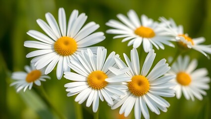 Close-up of fresh daisies with a soft green backdrop, natural light enhancing their delicate beauty.