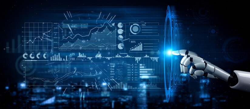 A robotic hand interacts with a futuristic artificial intelligence interface, displaying vibrant data graphics against a stunning nighttime cityscape backdrop. Scalp