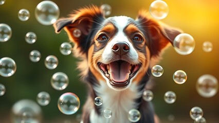 Playful dog surrounded by floating soap bubbles in a cheerful and warm natural setting.