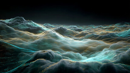 Abstract 3D visualization of cloud computing and digital data flow concept. Abstract visualization of cloud computing as glowing 3D data streams over digital landscape.