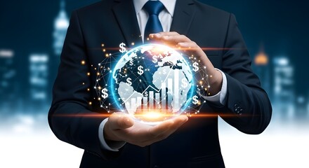 Businessman holding glowing digital globe with financial chart and dollar signs representing global business growth and investment protection in a city night setting