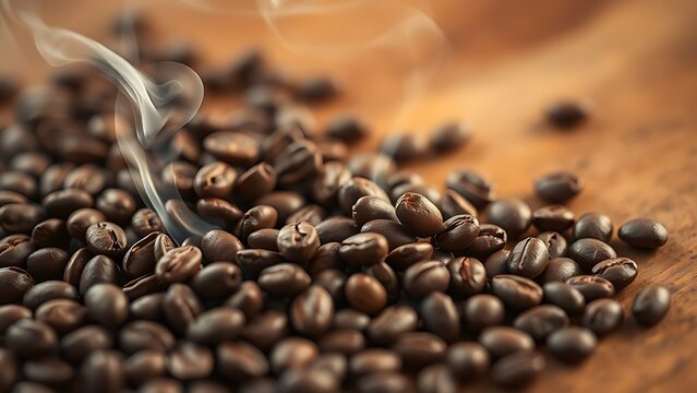 Fresh coffee beans on wood with steam, evoking warmth and rich aroma.
