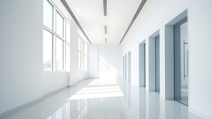 Obraz premium Modern white office corridor with large windows and clean lines.