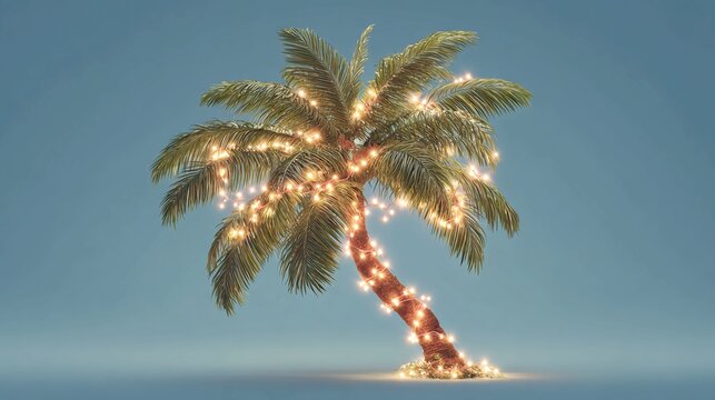 A vibrant palm tree adorned with glowing string lights against a serene blue background, symbolizing tropical holidays.