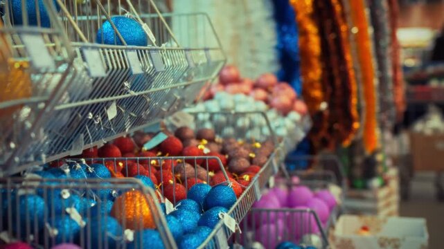 The display features a variety of New Years toys and bright balls piled together. This festive showcase is set up to celebrate the holiday season, inviting shoppers to enjoy the cheerful decorations