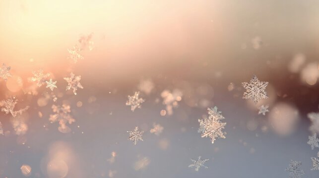 close up of delicate snowflakes drifting gently in the air against a pastel gradient winter background soft dreamy bokeh light orbs floating behind - Powered by Adobe